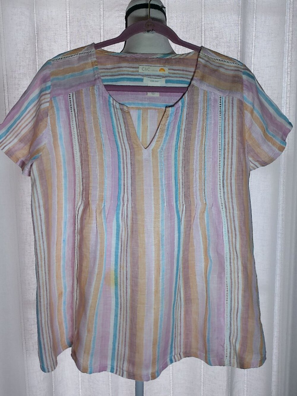 C&C CALIFORNIA Blouse V-Neck Light Pink Pastel Stripe L